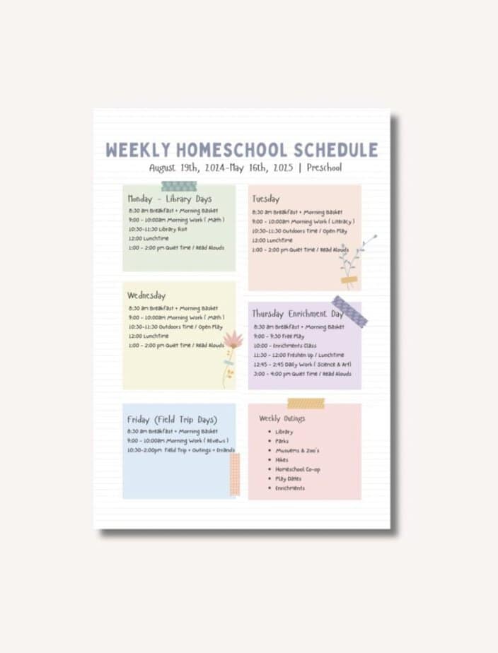 Homeschool Weekly Schedule Template